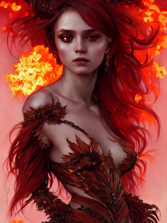 Prompt: portrait of a fire fairy, dress made of fire, fiery wings, obsidian skin, red eyes, highly detailed, detailed face, smooth, sharp focus, chiaroscuro, digital painting, artgerm and greg rutkowski and alphonse mucha