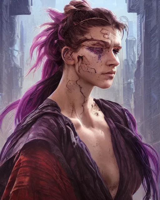Prompt: '' Face portrait of a scarred fighter, reptile skin, purple eyes, long hair with a ponytail , sci-fy, cyberpunk, high detail, 4k , digital painting, artstation, concept art, sharp focus, illustration, art by greg rutkowski and alphonse mucha ''