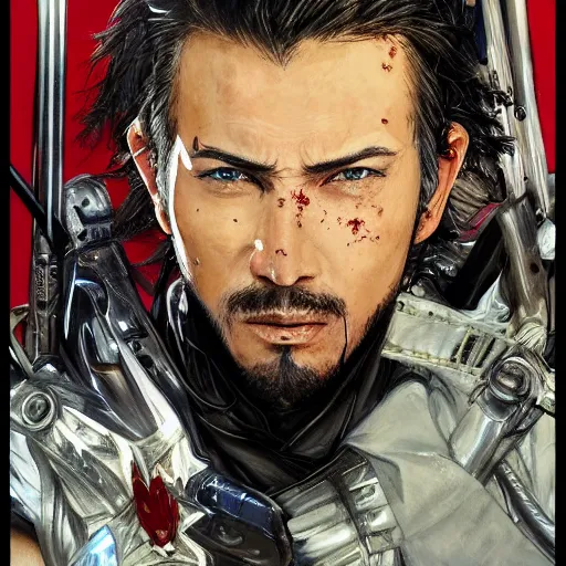 Image similar to portrait of a futuristic cowboy holding his sword in front of his face by yoji shinkawa, high quality, extra details, realism, ornate, colored, golden chain, blood, white skin, short hair, brown eyes, vivid, sunlight, dynamic, american man, freedom, white american soldier, painting