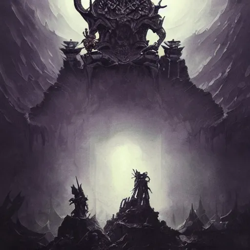 Prompt: Gigantic Satan sits on his throne , while his soldiers stand watch , humans bow on their knees , concept art, detailed intricate ink illustration, dark atmosphere, detailed illustration, hd, 4k, digital art, overdetailed art, concept art, by greg rutkowski, by loish, complementing colors, Trending on artstation, deviantart