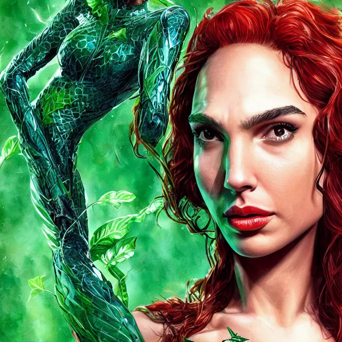 Image similar to portrait of Gal Gadot as a Poison Ivy in Batman & Robin 1997. intricate artwork. by Tooth Wu, wlop, beeple, dan mumford. octane render, trending on artstation, greg rutkowski very coherent symmetrical artwork. cinematic, hyper realism, high detail, octane render, 8k