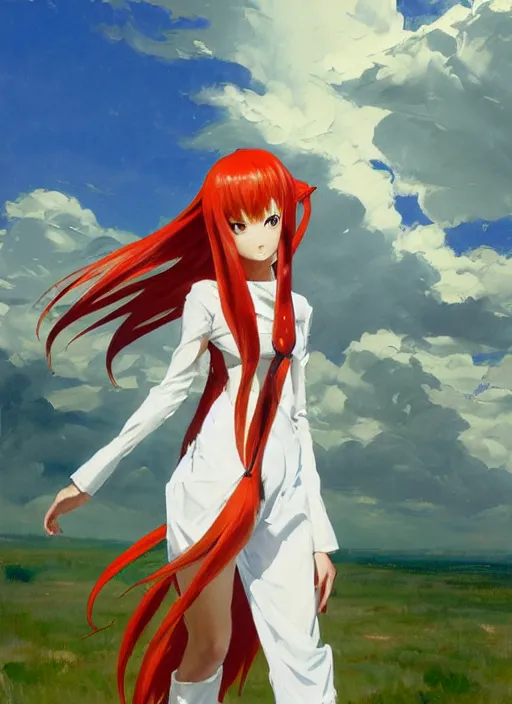 Image similar to Greg Manchess painting of Asuka Langley Soryu in a casual white dress out with the dogs, EVA unit-00 in the back, countryside, fantasy character portrait, dynamic pose, above view, sunny day, thunder clouds in the sky, artwork by Jeremy Lipkin and Giuseppe Dangelico Pino and Michael Garmash and Rob Rey, very coherent asymmetrical artwork, sharp edges, perfect face, simple form, wacky, 100mm