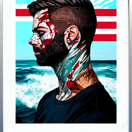 Image similar to a portrait of a man with side profile blood in ocean intricate details by MARVEL comics and Sandra Chevrier