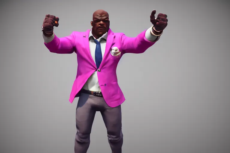 Image similar to doomfist, pink blazer, overwatch game, digital art, high detailed, unreal engine, artstation, 3 d render