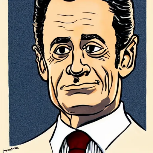 Prompt: a high quality and very detailed portrait of Nicolas Sarkozy, by french cartoonist Hergé, comics