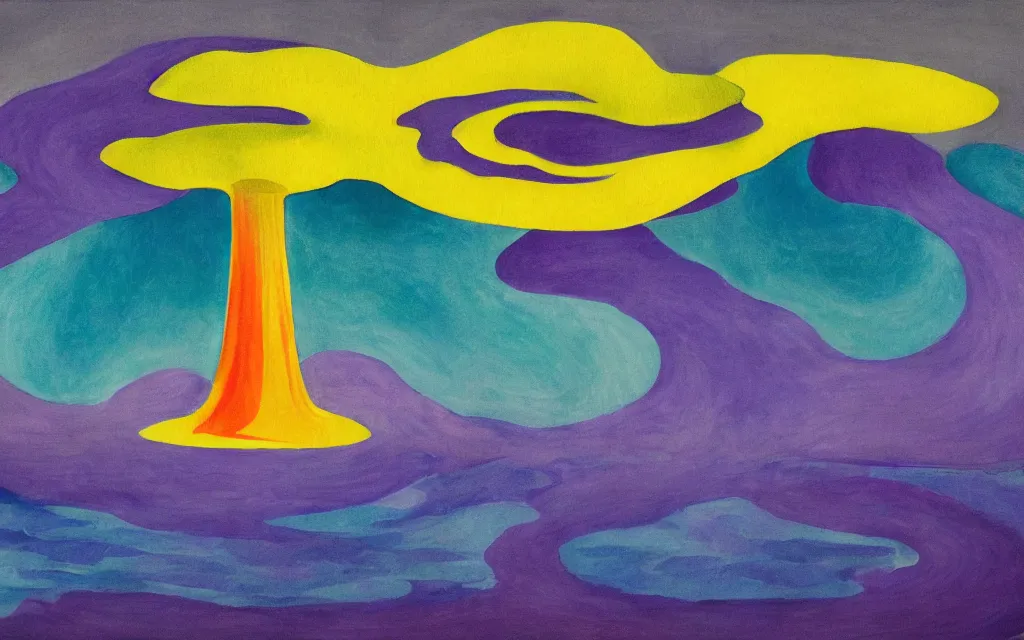 Prompt: the explosion of an atomic power plant and reflection in a lake in the style of georgia o keeffe. colorful, wavy. painting. medium long shot. perspective. color palette of blue, yellow, purple, green.