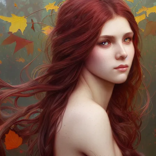 Image similar to girl with super long hair, hair becoming autumn red leaves, intricate, highly detailed, digital painting, artstation, concept art, smooth, sharp focus, illustration, unreal engine 5, 8 k, art by artgerm and greg rutkowski and alphonse mucha