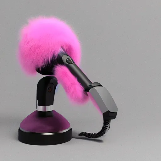 Prompt: extremly detailed micrphone made of pink fluffy fur, photorealistic, high details, 8 k, sharp focus, octane render, volumetric light