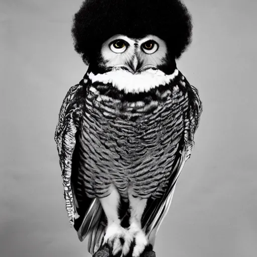 Image similar to 1 9 7 0 s disco era glamour shot of an owl with an afro