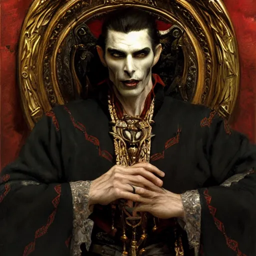 Image similar to perfectly centered portrait of attractive vampire king in a robe sitting on a throne of bones, highly detailed painting by gaston bussiere, craig mullins, j. c. leyendecker, 8 k