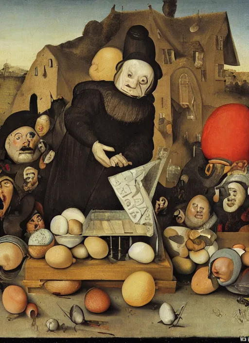 Image similar to carton of gregs'eggs with silly round humpty dumpty jack black facial expressions, realistic, by hieronymus bosch and pieter brueghel
