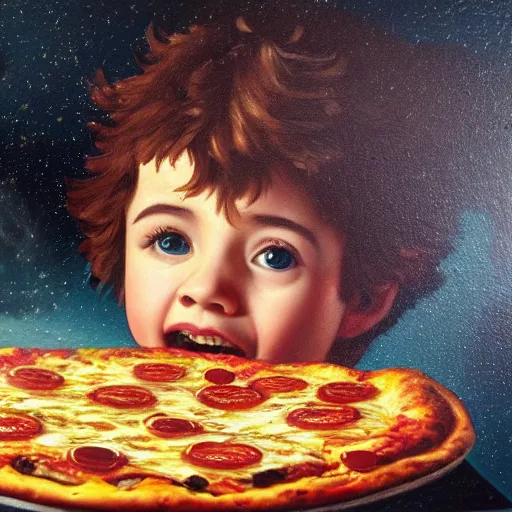 Image similar to highly detailed oil painting by caravaggio in the minecraft universe of a happy little boy flying through space eating pizza and cheese, where the planets are candy, hd, trending on artstation