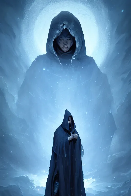 Prompt: a full body portrait of a mysterious sorcerer with a very long hooded grey and blue cloak made of stars and clouds standing infront of an altar by maciej kuciara and jason chan, ominous, cosmic horror, trending on artstation, ultra detailed, hyper realistic 4 k