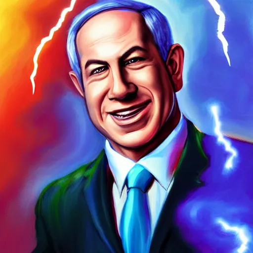 Image similar to portrait of benjamin netanyahu grinning while holding many lightning bolts, villain art, by artgerm