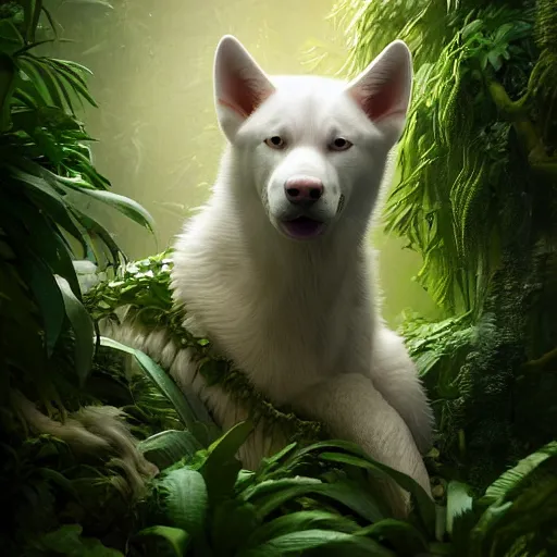 Prompt: white alaskan husky creature creature in a lush vegetation, warm tones, bioluminescent translucent : : by michal karcz, daniel merriam, victo ngai and guillermo del toro : : ornate, dynamic, particulate, intricate, elegant, highly detailed, centered, artstation, smooth, sharp focus, octane render, 3 d