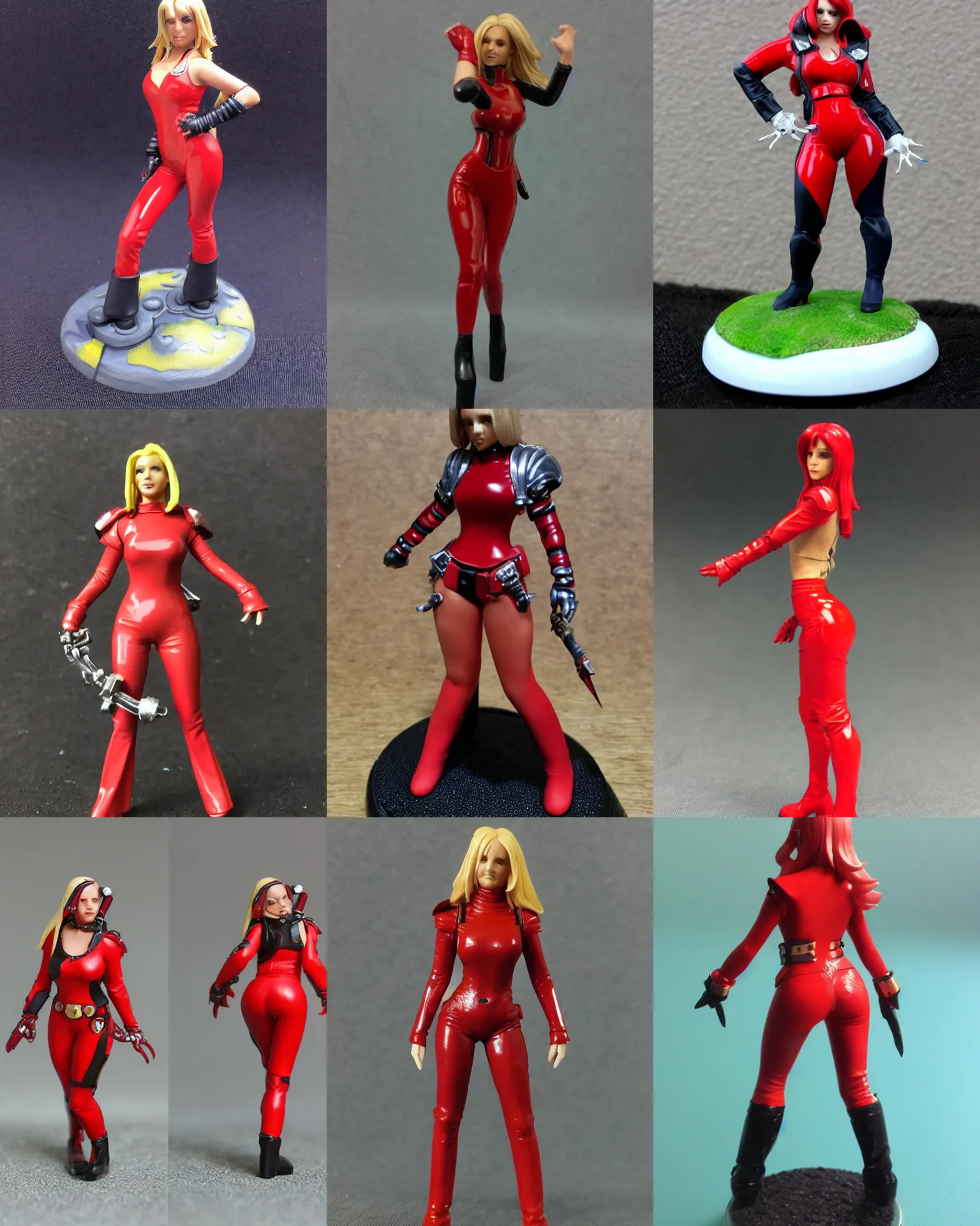 Prompt: Scifi Fantasy Britney Spears red PVC bootcut catsuit, Oops I Did It Again music video. Games Workshop mini. D&D TTRPG Warhammer 40k mini. 28mm Heroic Scale, round base with custom terrain. r/paintedminis OSL NMM zenithal priming Citadel Colour paints. Very detailed, high quality photo.