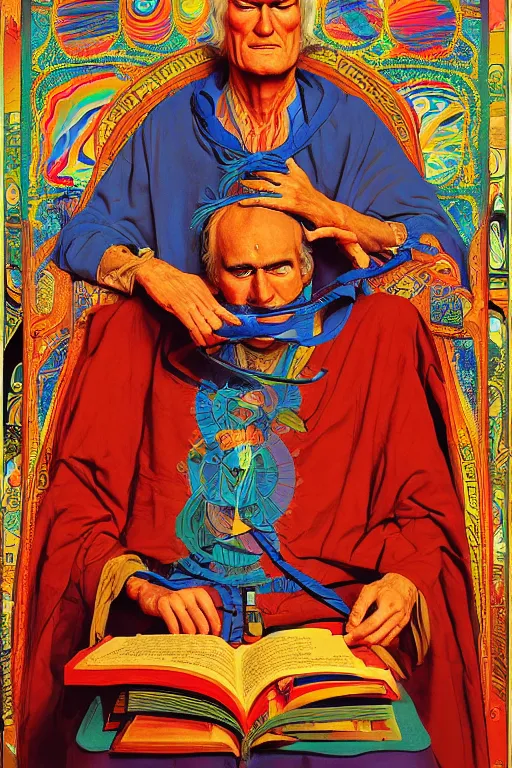 Image similar to an awesome jean giraud portrait of timothy leary in the style of a renaissance masters portrait, mystical and new age symbolism, tibetan book of the dead