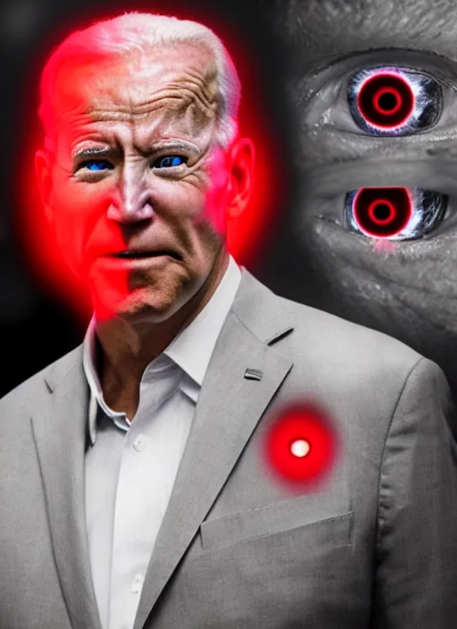 Image similar to hyper realistic ultra realistic cyborg photo Doom furious glowing red eyes biden