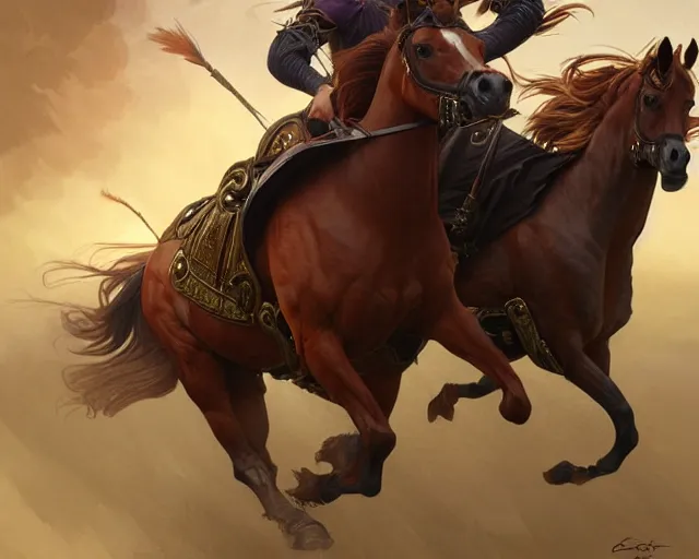 Image similar to horse race with customized horses, deep focus, d & d, fantasy, intricate, elegant, highly detailed, digital painting, artstation, concept art, matte, sharp focus, illustration, hearthstone, art by artgerm and greg rutkowski and alphonse mucha