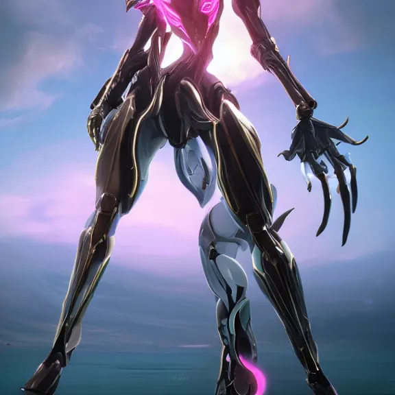 Prompt: cinematic full body shot of a beautiful stunning saryn prime warframe, that's a beautiful stunning anthropomorphic robot female dragon with metal cat ears, cute elegant pose, standing on teh beach at sunset, robot cat paws for feet, thick warframe legs, detailed arms, sharp claws, slick pink armor, streamlined white armor, long elegant tail attached to her back end, two arms, two legs, detailed warframe fanart, destiny fanart, macro art, dragon art, furry art, realistic digital art, warframe art, Destiny art, furaffinity, DeviantArt, artstation, 3D realistic, 8k HD, octane render
