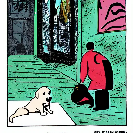 Prompt: a man talking to a dog, full page panel graphic novel, multi-dimensional, chaotic paint marks, cynical realism, black green, paper usomamo, cut-up, realistic colors, hauntology, lost futures, style of Elio Petro's films, in the style of DR Pira, post apocalyptic, cinematic lighting, matte