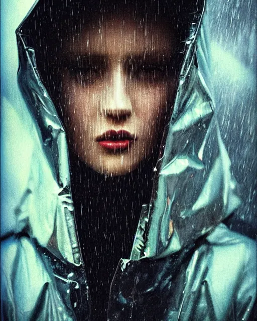 Image similar to detailed portrait kodak portra 800; grainy film European Pretty Young Girl Storm Rain bladerunner movie Reflective jacket coat, Futuristic sci-fi fashion, royal attire by ismail inceoglu dragan bibin hans thoma greg rutkowski Alexandros Pyromallis Nekro Rene Margitte illustrated Perfect face, fine details, realistic shaded, fine-face, pretty face