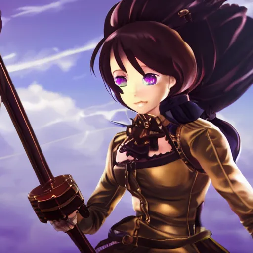 Prompt: smug anime girl with steampunk armor slicing in half a training dummy with a steampunk sword, extremely detailed, cinematic lighting, low angle, particles, clouds, trees,