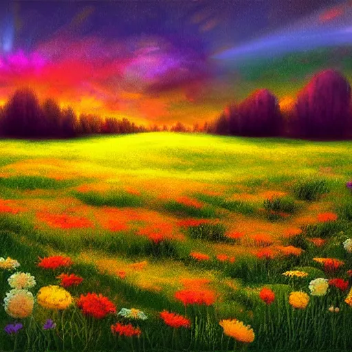 Prompt: beatiful meadow with colorful flowers, sun set, digital painting, concept art –n 4 –i