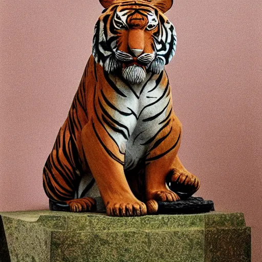 Prompt: a statue of a tiger [ fabricated with [ roses ]!! ], [ 4 k photorealism ]!!, shot by jimmy nelson, irving penn, peter kemp, hans bellmer, and slim aarons