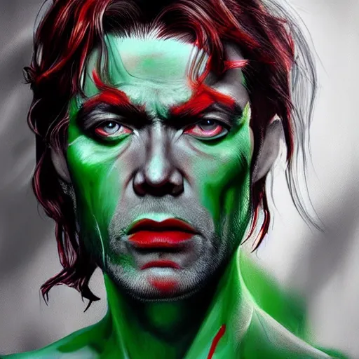 Image similar to peter otoole, green hair, white face, red lips, portrait, realistic, concept art, lee bermejo