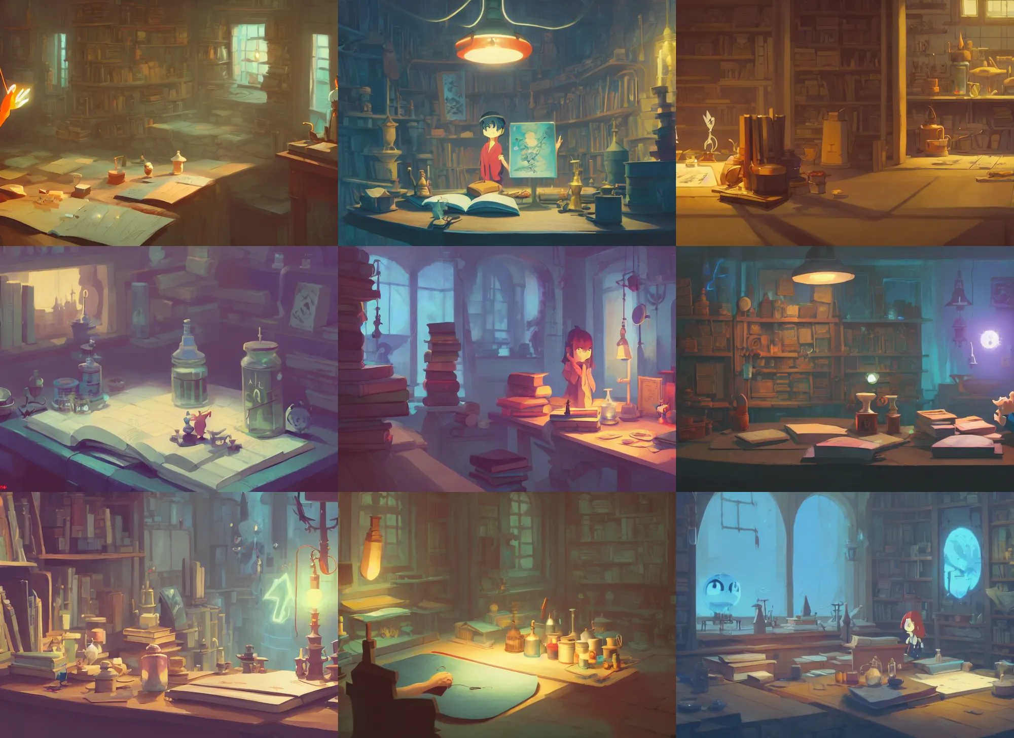 Prompt: magician's workshop, detailed, potions, scrolls, arcane books, cory loftis, james gilleard, atey ghailan, makoto shinkai, goro fujita, studio ghibli, rim light, exquisite lighting, clear focus, very coherent, plain background, soft painting