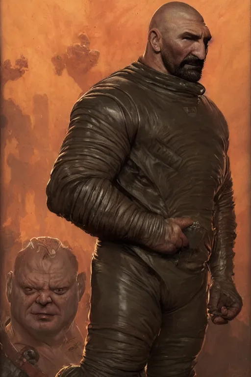 Image similar to upper body portrait of hulking dave bautista as baron harkonnen, wearing old leather spacesuit, dystopian science fiction, dark, horror, illustration by norman rockwell, hans baluschek, artstation character art, john william waterhouse, concept art, greg rutkowski