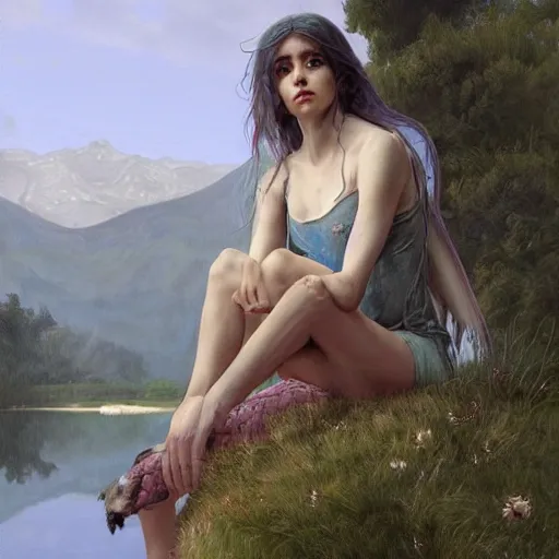 Image similar to Bird-Human-Hybrid, Harpy, sitting at a pond, mountainous area, trees in the background, oil painting, by Fernanda Suarez and Edgar Maxence and Greg Rutkowski