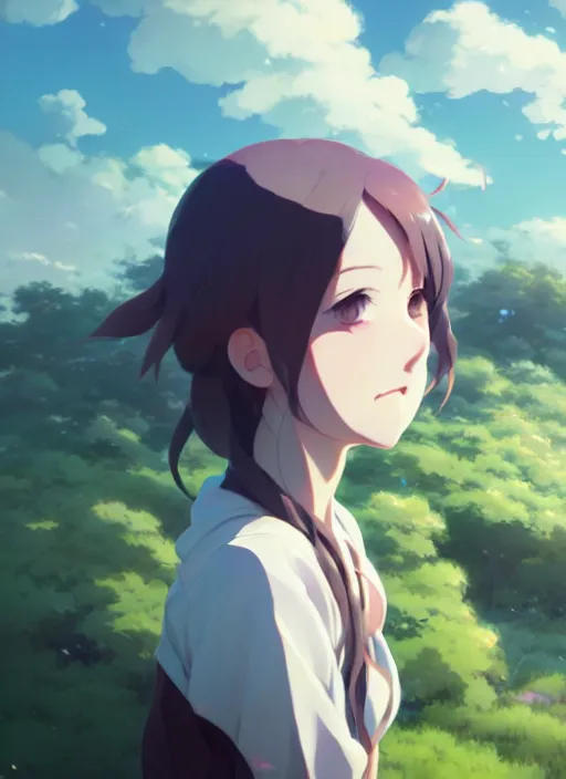 Image similar to portrait of cartoon girl, cloudy sky background lush landscape illustration concept art anime key visual trending pixiv fanbox by wlop and greg rutkowski and makoto shinkai and studio ghibli