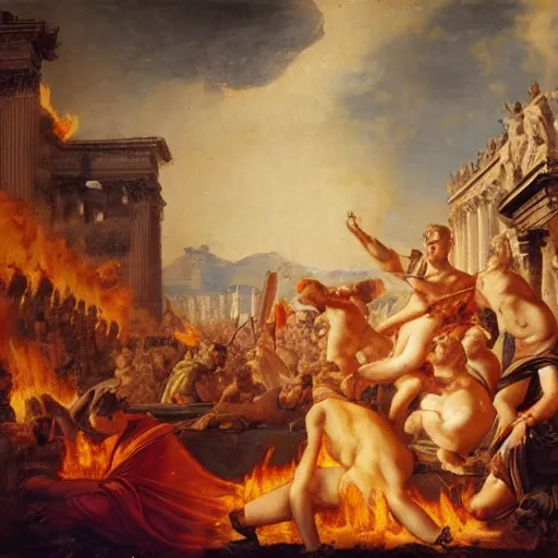 Image similar to emperor nero setting rome on fire, old master painting, ultra realistic details, 8 k