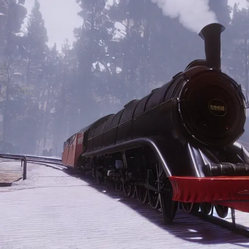 Image similar to futuristic sleek steam locomotive in red dead redemption 2