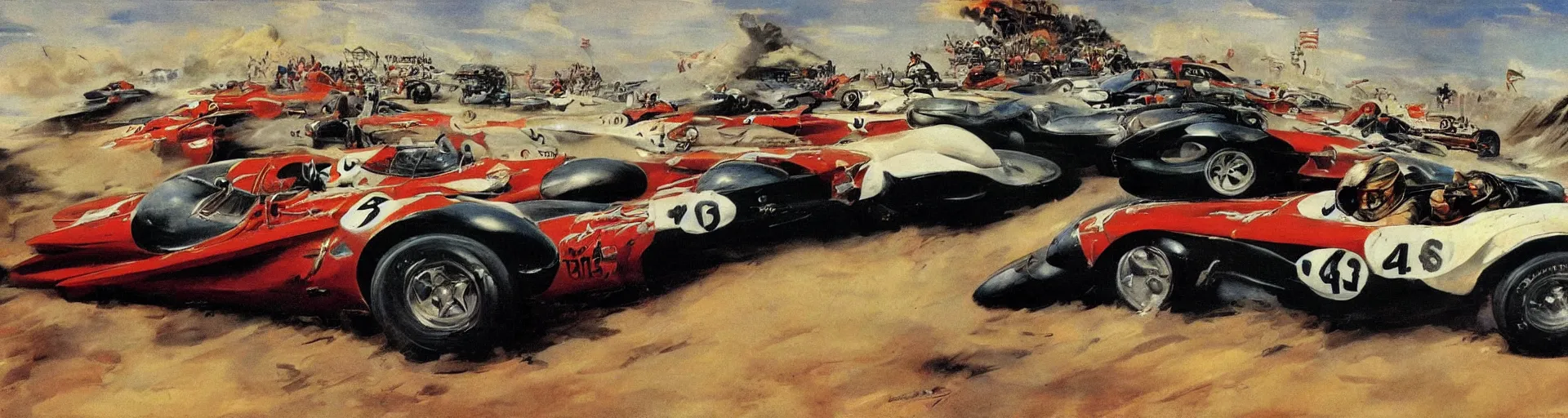 Image similar to a detailed car racing by frank frazetta