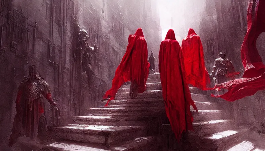 Prompt: figures in red cloaks ascend huge creepy fantasy stairs, cinematic, movie still, art by ruan jia and albert voidstar