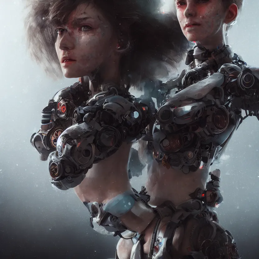 Image similar to hyperrealistic mixed media photo of a cyborg girl, dim volumetric lighting, 8 k octane beautifully detailed render, post - processing, portrait, epic composition, cinematic lighting, masterpiece, trending on artstation, very very detailed, stunning