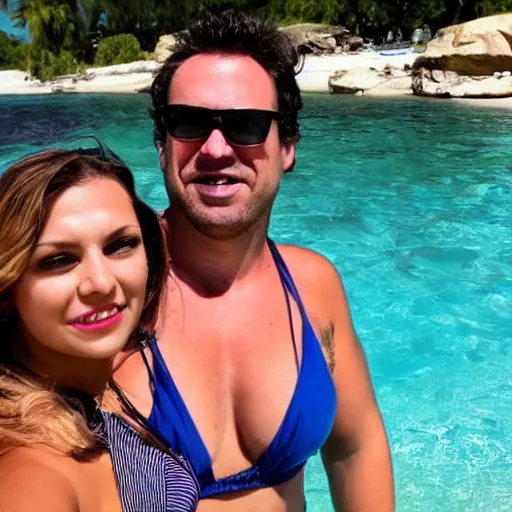 Image similar to photo of a 4 0 year old man that looks young for his age dating a very attractive 2 2 year old woman wearing a bikini. his wife is visibly upset in the background. lol