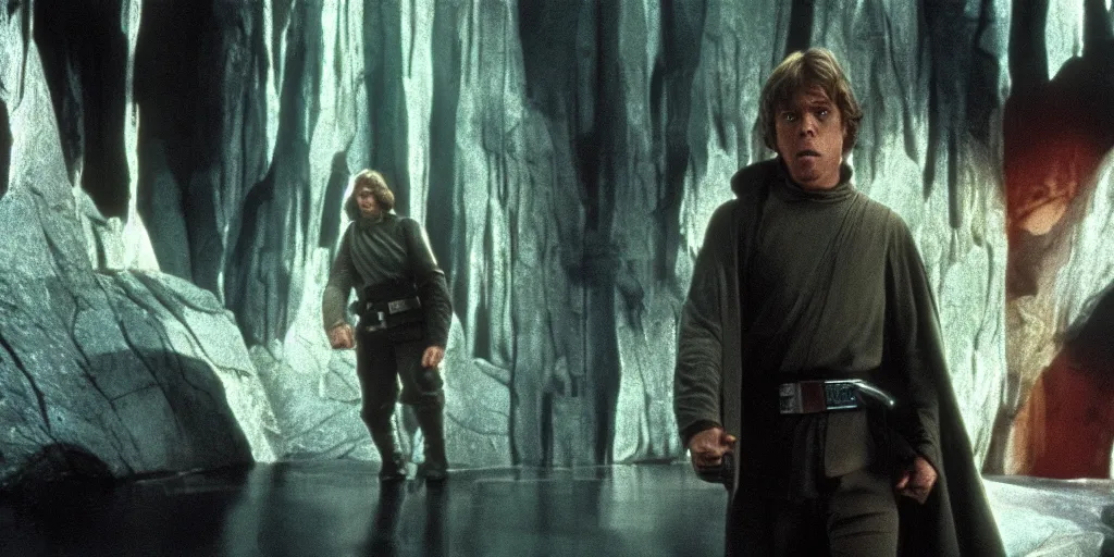 Prompt: screenshot of Luke Skywalker discovers a lost jedi Temple, 1970s sci fi film by Stanely Kubrick film, color kodak, Ektachrome, anamorphic lenses, detailed faces, hyper-realistic, photoreal, detailed portrait, moody cinematography, strange lighting