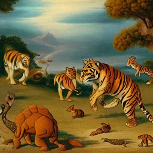 Image similar to A tiger, a turtle, an elephant, a rabbit and a fox running away from an erupting volcano