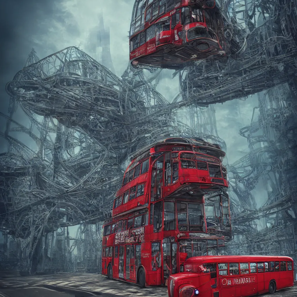Image similar to mythical red organic biomechanical london bus. futuristic. blue blurry background. highly detailed, intricate steampunk ornate, poetic, 3 d render, digital art, octane render, 8 k artistic photography, photorealistic.