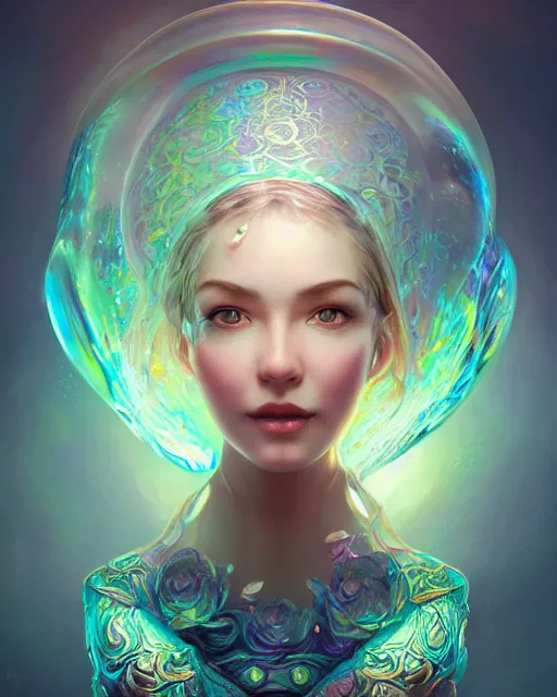 Image similar to a cute woman inside an ornate bottle of iridescent liquid, alchemy, intricate, bloom, detailed, volumetric lighting, sharp focus, photorealism, digital painting, highly detailed, concept art, by by artgerm and wlop