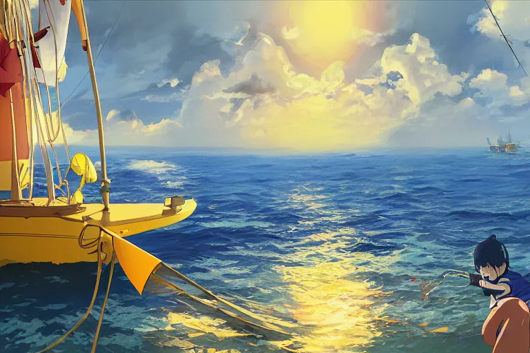 Image similar to sailor cat in a yellow raincoat and an eyepatch sailing a fishing boat through a tropical archipelago, morning sunrise, clouds, beautiful, summer, calm, studio ghibli, art by hayao miyazaki, makoto shinkai