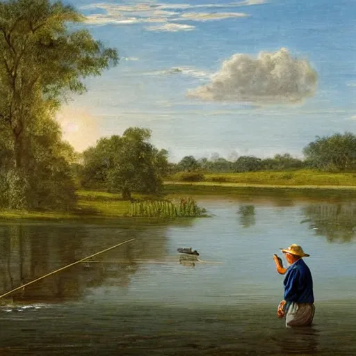 elderly man intent on fishing with a fishing rod in a