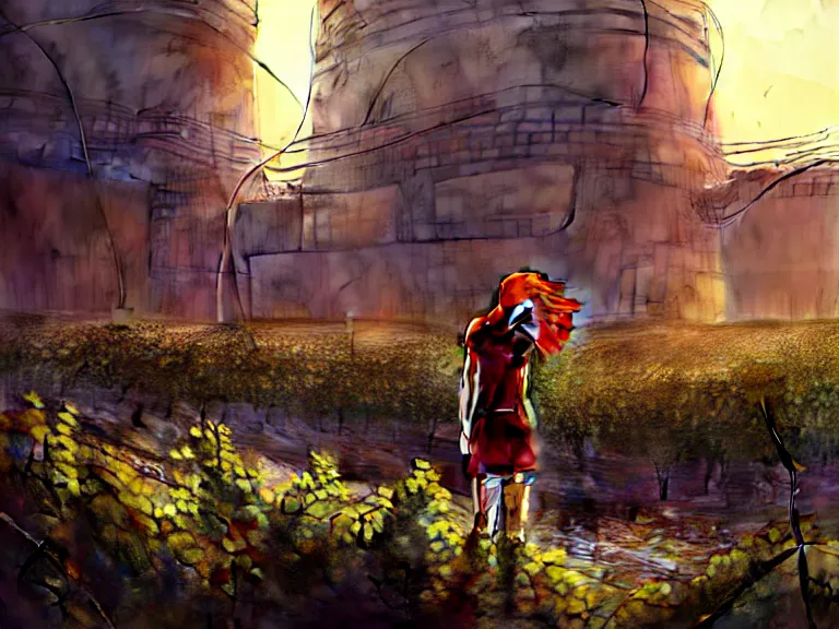Image similar to red hair girl, chernobyl powerplant!!!, rubble, ruins!!, flowers, vines, hyperrealistic, highly detailed, cinematic, single ray of golden sunlight, beautiful, cgssociety, artstation, 8 k, oil painting by greg rutkowski, by artgerm, by wlop