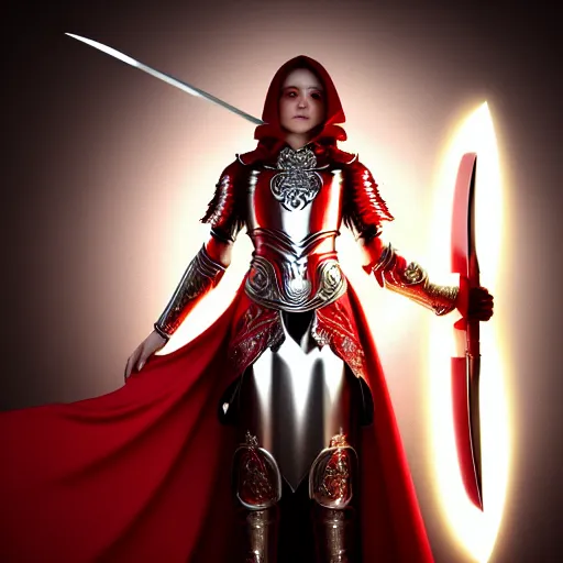 Prompt: a beautiful woman in a crimson cloak holding a glowing white spear and an obsidian shield, silver intricate armor, spotlight, ornate, realistic, cinematic lighting, sunbeams, volumetric lighting, epic pose, victorian, opulent 4 k