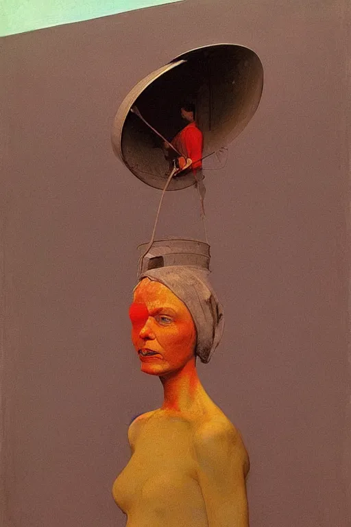 Image similar to a woman wearing a trash bin through her head to catch a trash Edward Hopper and James Gilleard, Zdzislaw Beksinski highly detailed