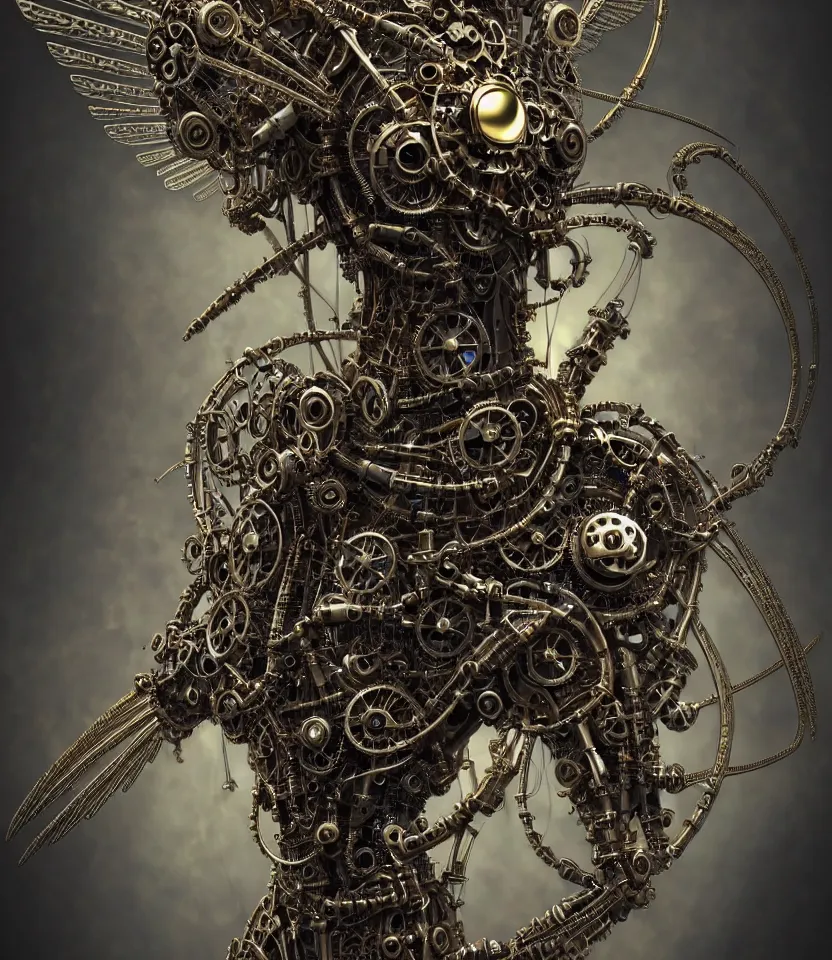 Image similar to steampunk cybernetic biomechanical robotic angel of death, symmetrical, front facing, 3 d model, very coherent symmetrical artwork, unreal engine realistic render, 8 k, micro detail, gold and steel intricate, elegant, highly detailed, digital painting, artstation, smooth, sharp focus, illustration, artgerm, tomasz alen kopera, wlop